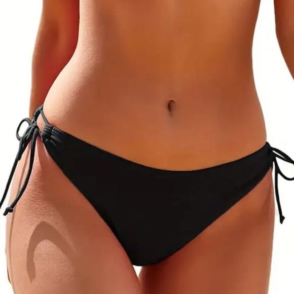 Sleek Black Textured Bikini with Halter Top and Adjustable Side-Ties - Picture 6 of 13